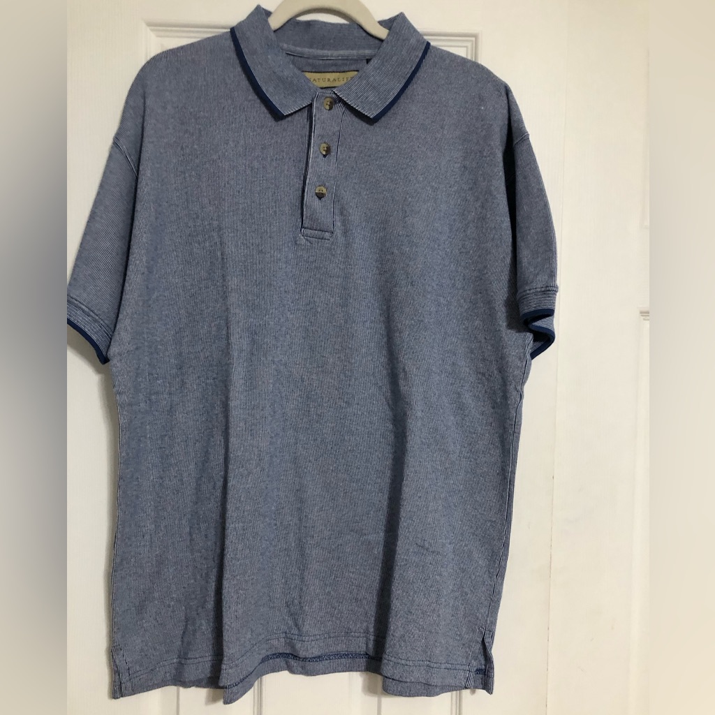 Natural Life Polo Shirt Blue White Striped Men’s Size Large 100% Cotton Casual